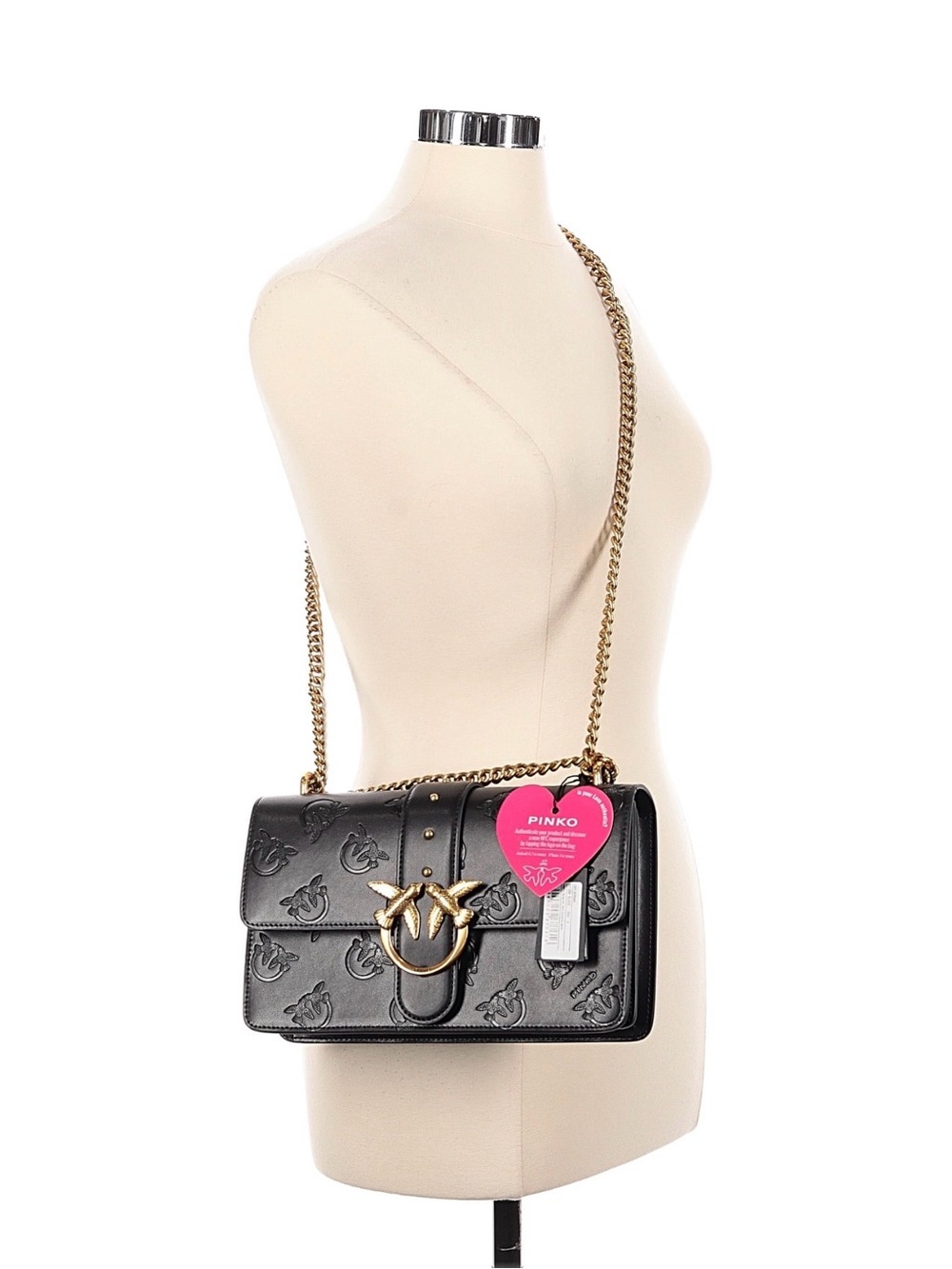 Pinko Black Leather Shoulder Bag with Gold Chain and Bird Detail
